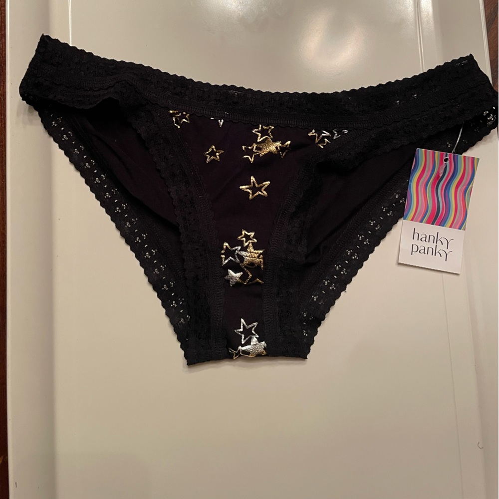 New HANKY PANKY Brazilian Bikini in Black with Gold and Silver Stars Size M